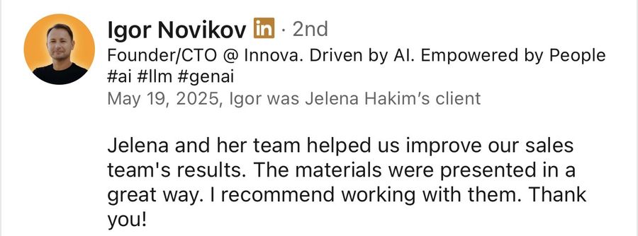 LinkedIn recommendation from Igor Novikov, May 2025