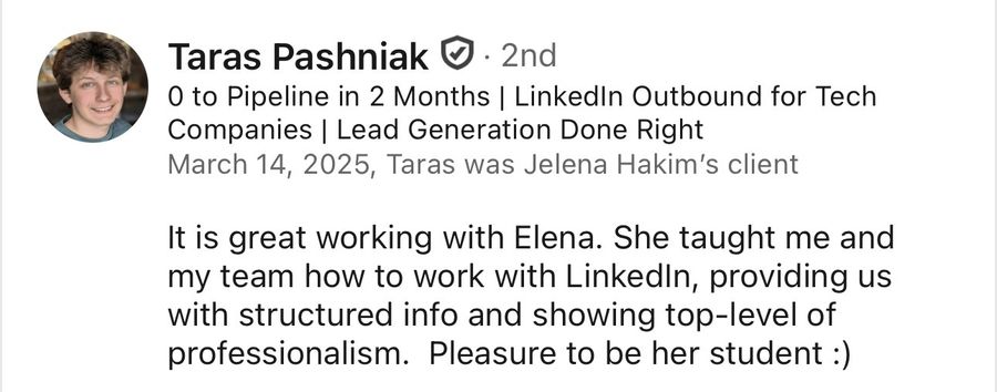 LinkedIn recommendation from Taras Pashniak, Mar 2025