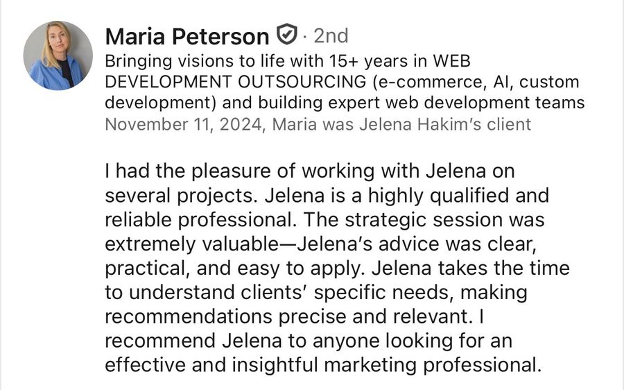 LinkedIn recommendation from Maria Peterson, Nov 2024