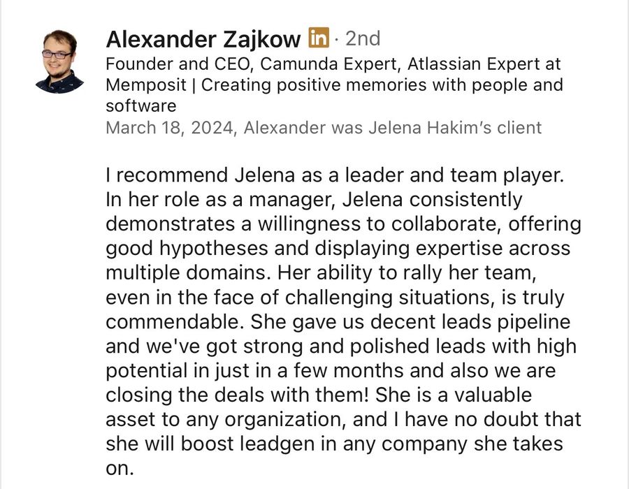 LinkedIn recommendation from Alexander Zajkow, Mar 2024