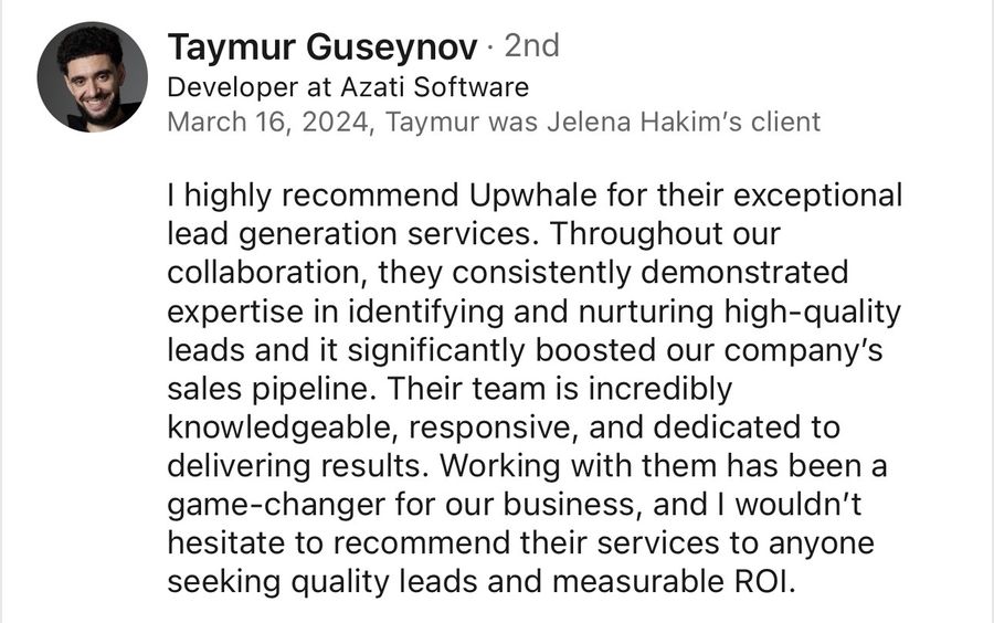 LinkedIn recommendation from Taymur Guseynov, Mar 2024