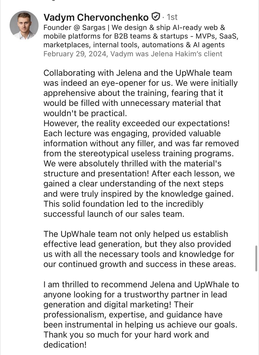 LinkedIn recommendation from Vadym Chervonchenko, Feb 2024
