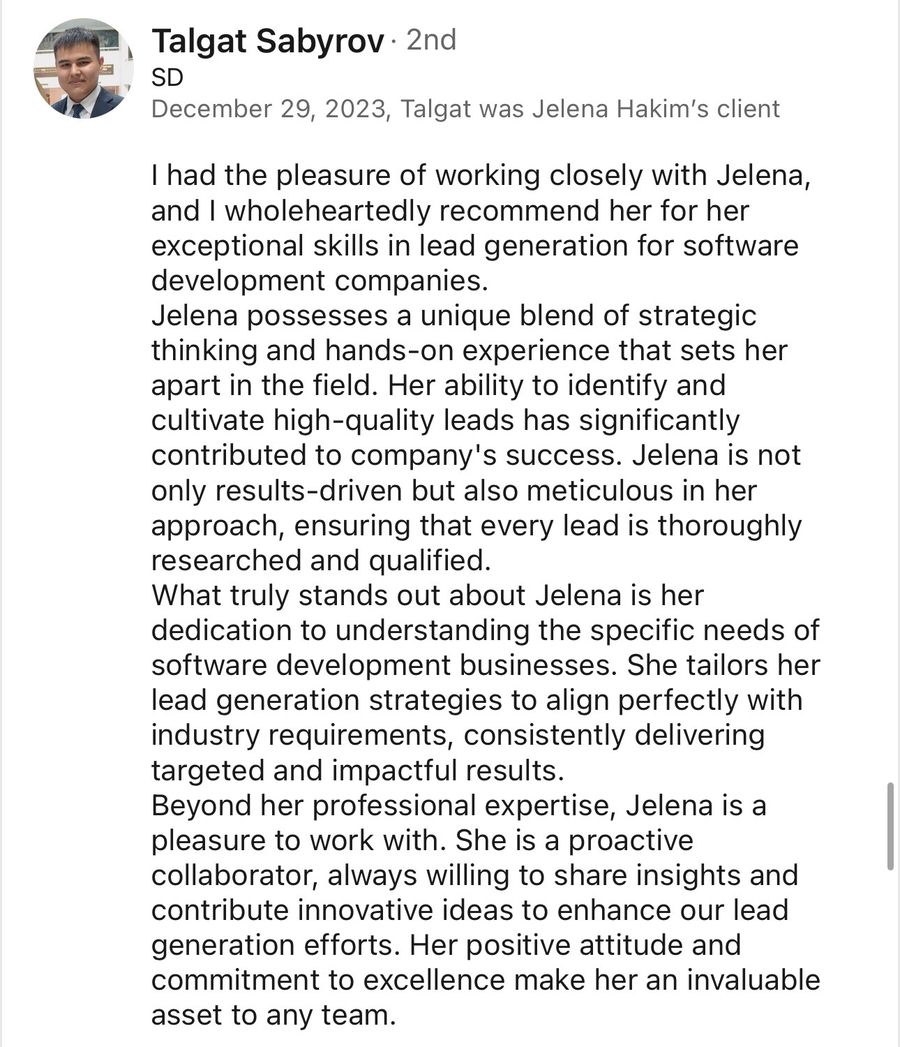 LinkedIn recommendation from Talgat Sabyrov, Dec 2023